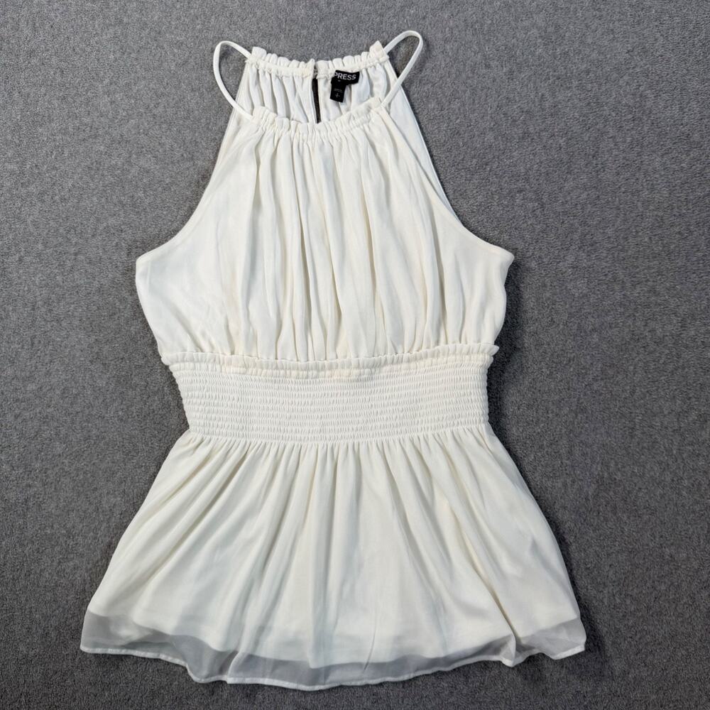 Express White Cinched Waist Top Women's Small Halter Sheer Overlay Lined